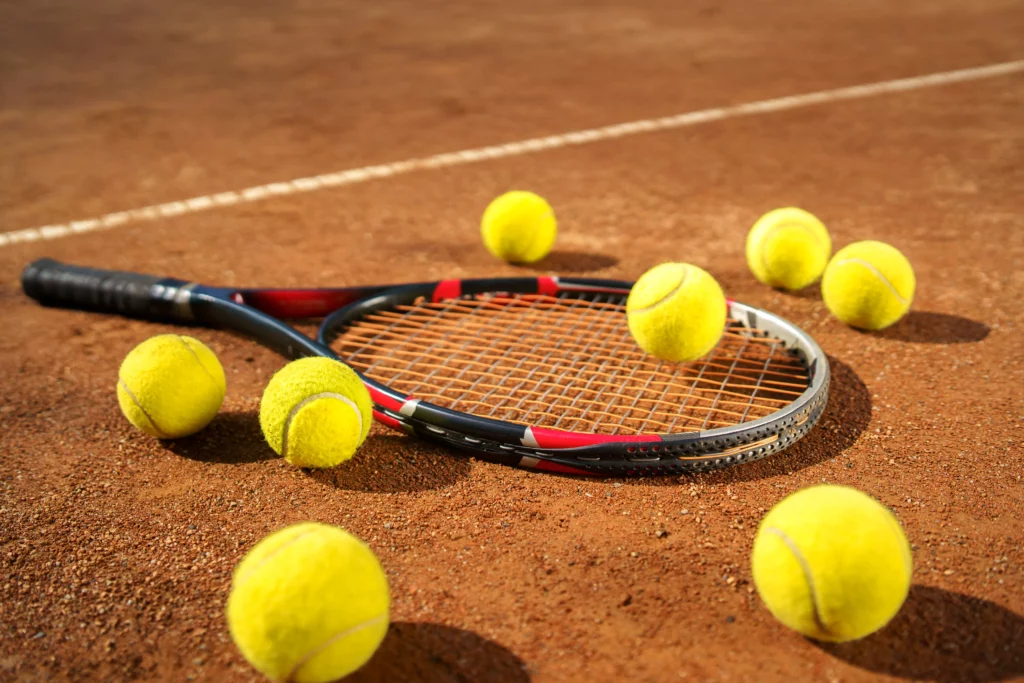 racket and scattered tennis balls on the court 2022 01 11 01 42 41 utc